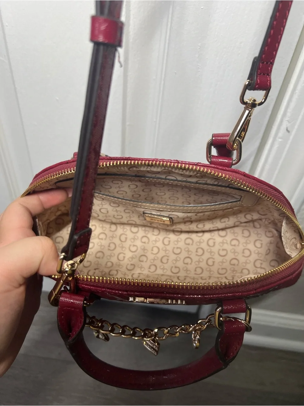 GUESS Quilted Dome Satchel in Deep Berry